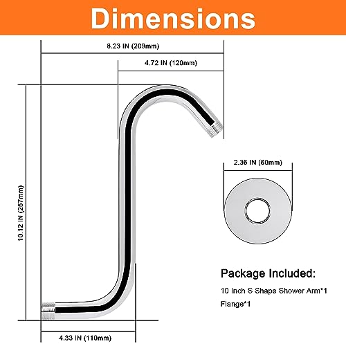 S Shaped Shower Arm, High Rise Shower Head Extension Pipe Standard 1/2" Connection with Flange, Awesome Shower Experience-Stainless Steel Bathroom Accessory(10 Inch S Shape, Chrome Finish) - color: Chrome Finish, style: 10" S Shape