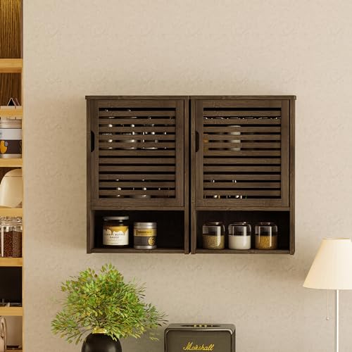 HITNET Bathroom Wall Cabinet and Ladder Shelf, Bamboo Over Toilet Hanging Storage Organizer with Adjustable Shelf, Space Saving Leaning Book Shelf, Walnut