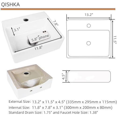 Wall Hung Bathroom Vessel Sink, QISHKA 13" X 11.5" Rectangular Floating Ceramic Wash Hand Basin White Wall Mount Vanity Sink for Small Bathroom and Small Cloakroom - size: 13.2" x 11.5" x 4.5"
