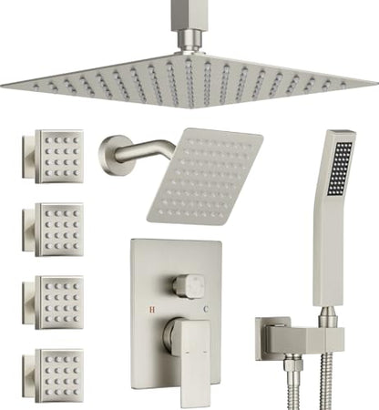 Dual Rainfall Shower Head System with 4 Body Jets, JetsBath Shower Faucet Set Double Shower Head 6-Inch Shower Head & 12” Rain Shower, Luxury Brushed Nickel Shower Faucet Set Tandem Shower Head System - color: Brushed Nickel