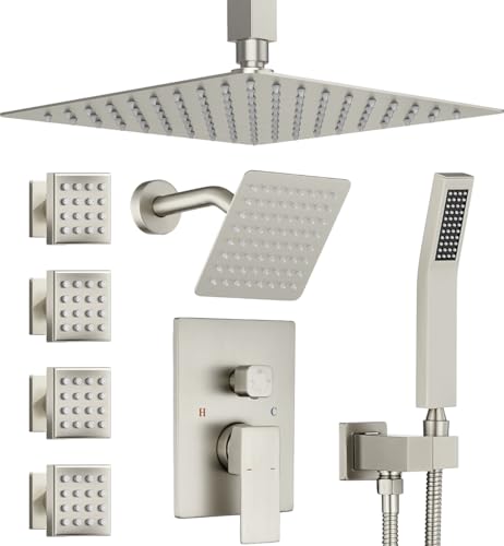 Dual Rainfall Shower Head System with 4 Body Jets, JetsBath Shower Faucet Set Double Shower Head 6-Inch Shower Head & 12” Rain Shower, Luxury Brushed Nickel Shower Faucet Set Tandem Shower Head System - color: Brushed Nickel