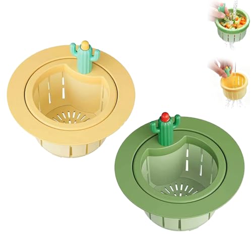 2 Cactus Kitchen Sink Drain Strainer,Upgrade Press Automatic Dumping Basket - color: Green + Yellow