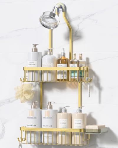 Never Rust Shower Caddy Hanging, Aluminum Shower Racks for Inside Shower, 2-Tier Shower Organizer Hanging Over Shower Head with Hooks and Soap Holder, Gold - color: Gold