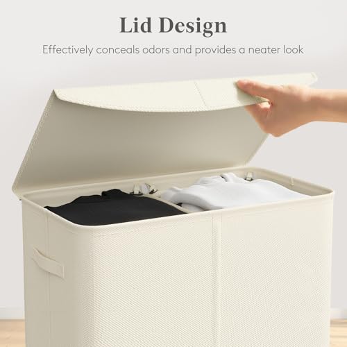 Lifewit 136L Double Laundry Hamper, 2 Sections Large Laundry Basket with Lid and Removable Bag, Divided Dirty Clothes Hamper in Bedroom Bathroom Dorm College, White