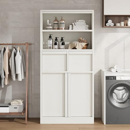 Garvee Tall Bathroom Cabinet, Floor Storage Cabinet with Doors & 2 Drawers, 51" H Tall Organizer Cabinet Freestanding for Bathroom, Living Room, Kitchen & Pantry (White)