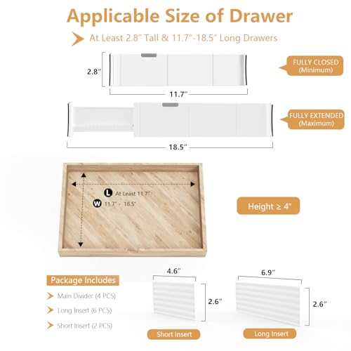 KABUM Upgrade Adjustable Drawer Divider Organizer(2.8 * 11.7-18.5") | Expandable Organization for Home, Office,2.8" High Expandable from 11.7" to 18.5",4 Dividers with 6 Long and 2 Short Inserts