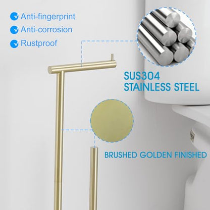 FFK Toilet Paper Holder Free Standing, 21.5" Bathroom Toilet Tissue Roll Holder Stand with Storage, SUS304 Stainless Steel Rustproof, Gold - color: Brushed Gold