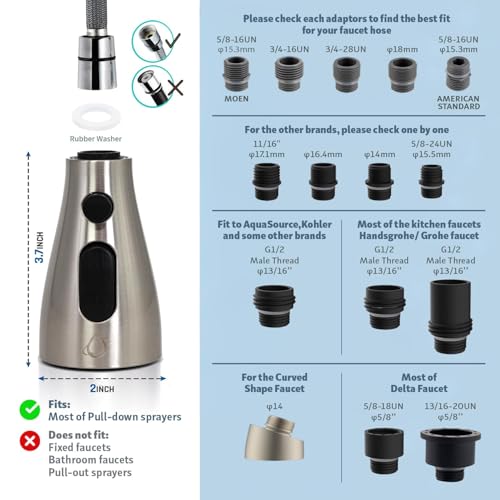 EcoKitchen5Stars Pull-Down Kitchen Faucet Head Replacement, 3-Function Sprayer, G1/2 Thread (13/16 in OD) with 15 Adapters, for Standard Threaded Hoses, Not for Magnetic Dock Faucets, Brushed Nickel - color: ‎Brushed Nickel