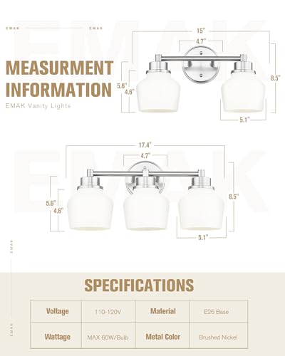 Emak Brushed Nickel Vanity Lights, Modern Milk Glass Bathroom Light Fixtures, 3-Light Bathroom Vanity Light Over Mirror, VL122-BN-ML-3 - color: Brushed Nickel & White Glass, size: 3 Light