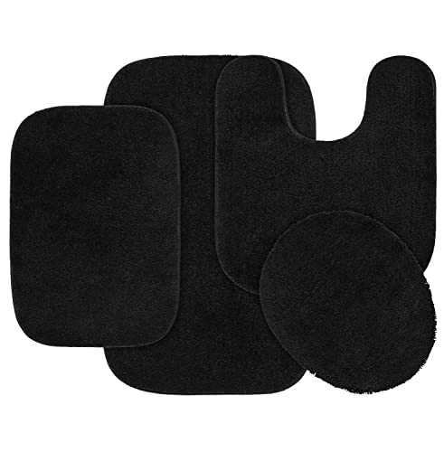 Garland Rug Traditional Nylon Washable Black 4 Piece Set - Lid, Contour, 2 Bath Rugs - Soft, Absorbent, and Stylish for Your Bathroom - color: Black, size: 4 Piece Set - Lid, Contour, 2 Bath Rugs