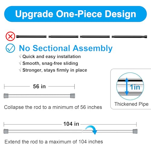 No Sectional Assembly Tension Curtain Rod 56-104 Inch | 1" Diameter Spring Long Adjustable Shower Curtain Rods for Bathroom Windows Closet No Drilling No Rust, Silver - color: Silver, size: 56-104Inch, No Assembly