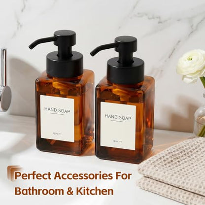 Foaming Hand Soap Dispenser, 12oz/350ml Glass Foaming Soap Dispenser, 2Pcs Foaming Soap Dispenser, Waterproof Labels, for Bathroom & Kitchen, Amber