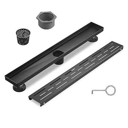 Sharp-tec Linear Shower Drain, 24 inch Shower Drain with Removable Pattern Cover, Matte Black 304 Stainless Steel Rectangle Floor Drain, Adjustable Feet and Hair Strainer Included (Model 101) - color: Matte Black, size: 24 inch