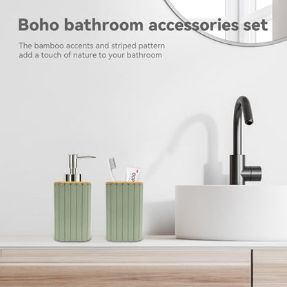Bathroom Accessories Set, Sage Green Soap Dispenser and Toothbrush Holder | Bamboo Bathroom Sets Accessories, Bathroom Set Striped - color: Sage Green