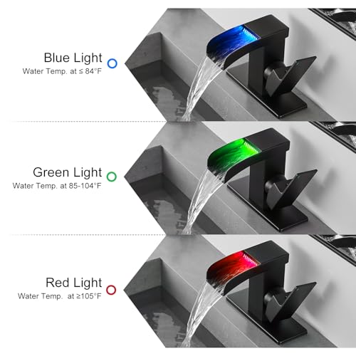 LED Waterfall Bathroom Faucet Bathroom Sink Faucet Vanity Faucets | Matte Black Single Hole 3 Colors Light Changing Single Handle Stainless Steel with cUPC Supply Lines