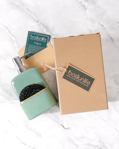 BosilunLife Dish Soap Dispenser - Sage Green Ceramic Kitchen Soap Dispenser with Sponge Holder Matte Ceramic Soap Daddy Dispenser 20oz for Kitchen Soap Pump and Sponges Caddy - color: Sage Green