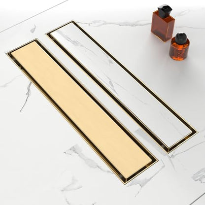 18 Inch Linear Shower Drain-Brushed Gold, with Tile Insert Grate | AISI 304 Stainless Steel Shower Drain, Rectangle Shower Floor Drain with Leveling Feet, Fits Bathroom & Balcony etc - color: Brushed Gold, size: 18 Inch