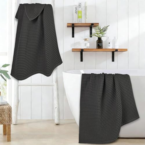 Jacquotha Waffle Bath Towels 2-Piece (Dark Grey) - Cotton, Soft, Quick Dry | 31” x 62” Large Bath Towel for Bathroom, Shower, Spa - color: Dark Grey
