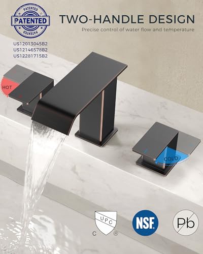 FORIOUS Bathroom Faucets 3 Hole 8 Inch Widespread Sink Oil Rubbed Bronze | 3-hole 4-12 Inch Widespread Sink, Square Waterfall Spout, with Drain and Hoses,for Vanity Rv Commercial Lavatory Restroom - color: Oil Rubbed Bronze