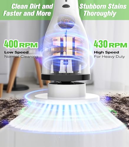 Electric Spin Scrubber, 3-Speed Flat End Brush with 8 Brush Heads & Base, Adjustable Long Handle, Digital Display, 2500mAh Fast Charging, for Bathroom, Tub, Tile, Floor（White - color: White
