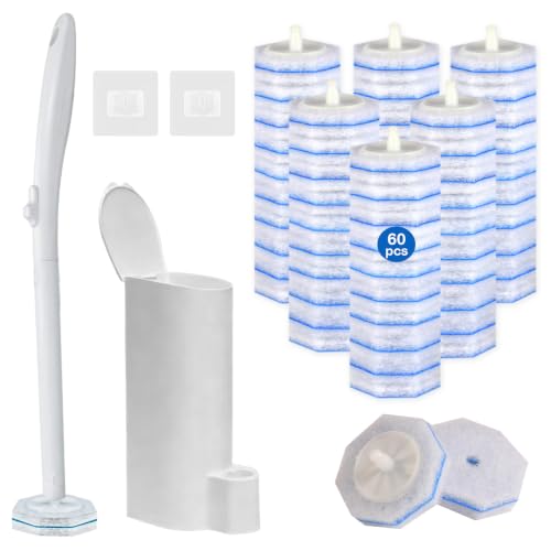 Disposable Toilet Bowl Brush and Holder with 60 Refill Heads, Wand & Caddy | Pre-filled Toilet Cleaner, 5X Cleaning Power, Firm & No Dropping, Wall-Mountable, Fresh Fragrance, Toilet Cleaning Kit - size: Starter Kit+60 Refill Heads