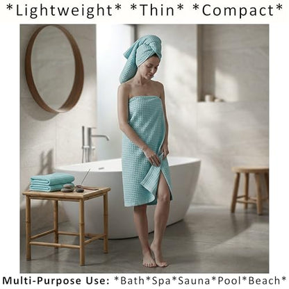 PÜSKÜL Natural 100% Turkish Cotton Waffle Towels Set of 4-Piece, Turquoise | 2-Bath sheet (Extra-large 32x63") and 2-Hand towel (Large 32x16"). Premium honeycomb-waffle weave, oeko-tex made in Turkiye. - color: Turquoise