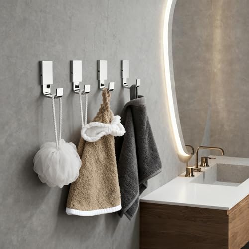 Brass Towel Hook, Bath Robe Coat Clothes Hook, Polished Chrome 4 Pack | Wall Mounted with Screws for Bathroom, Kitchen, Hotel, Garage, Laundry, Square Coat and Hat Hooks, Rustproof & High Quality - color: Polished Chrome, size: 4 Pack