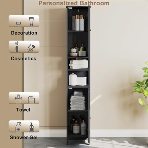 ChooChoo Narrow Bathroom Storage Cabinet with Light， Space Saving | Space Saving,Tall Bathroom Storage Cabinet, 5-Tier, 2 Doors, Slim, Freestanding, Adjustable Shelves, Black - color: Black