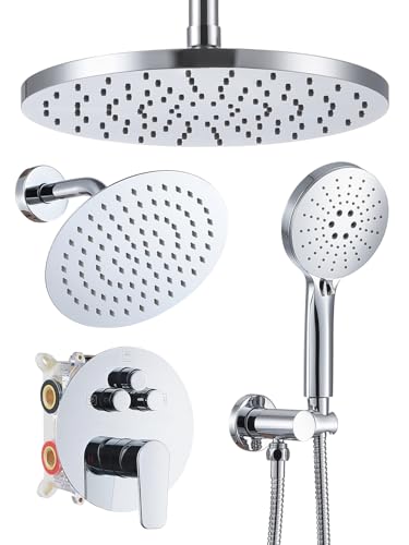 Woindo Shower Faucet Set 10" Rain Shower Head/8'' Side Shower Head and 3 Setting Handheld Ceiling Mount 3 Push Button Diverter Complete Rainfall Round Shower System Included Valve Trim Kit - color: Chrome Polished, style: 10"-R-Ceiling-02