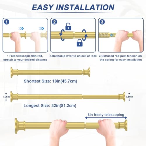 Gold Tension Rod 18-32 Inch, No Drill Spring Rod | Adjustable Stainless Steel Rod, No Drilling Required, Ideal For Closets And Small Windows - color: Gold