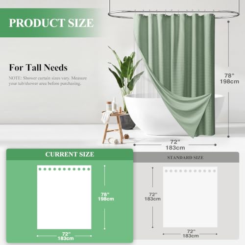 Long 3 in 1 Waffle Shower Curtain Set with Liner 72x78 Sage Green | 78 Inch Long, Waterproof Clear PEVA Liner, 256GSM Heavy Duty Fabric, Tall Hotel Luxury Shower Curtains for Bathroom, 12 Hooks - color: A Sage Green, size: 72"W x 78"L (Pack of 1)