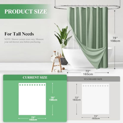Long 3 in 1 Waffle Shower Curtain Set with Liner 72x78 Sage Green | 78 Inch Long, Waterproof Clear PEVA Liner, 256GSM Heavy Duty Fabric, Tall Hotel Luxury Shower Curtains for Bathroom, 12 Hooks - color: A Sage Green, size: 72"W x 78"L (Pack of 1)