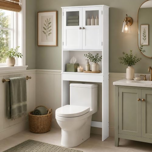 VINGLI Over The Toilet Storage Cabinet White Bathroom Storage Organizer Above the Toilet Shelf with Acrylic Glass Double Doors Wood Muebles para BañO Rack with Adjustable Shelf - color: White, size: 8.5"D x 23.23"W x 67"H