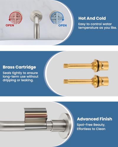 Airuida Solid Brass Brushed Nickel Wall Mount Bathroom Faucet | 360° Swivel Spout,Rough in Valve,2 Cross Handle,3 Hole,Widespread - color: Brushed Nickel