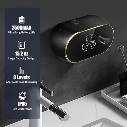 Automatic Soap Dispenser Liquid Bathroom, Wall Mount Rechargeable Touchless, Adjustable Auto Smart Electric Plastic Soap Dispenser with Clock, for Bathroom Kitchen,B,Black