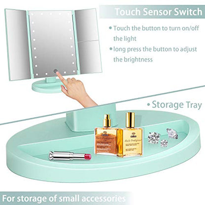Tri-Fold Lighted Vanity Tabletop Mount Mirror with 21 LED Lights, Touch Screen and 3X/2X/1X Magnification, Two Power Supply Mode Make up Mirror,Travel Mirror - color: Green