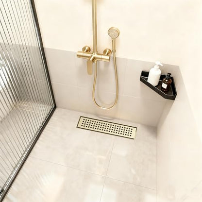 Linear Shower Drain - 12 Inch Brushed Gold, with Grate Removable | AISI 304 Stainless Steel Shower Drain with Adjustable Feet, Hair Catcher, Rectangle Shower Floor Drain Fits Bathroom, Balcony - color: Brushed Gold, size: 12 Inch