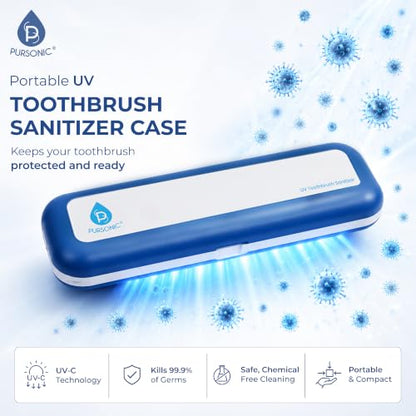 Pursonic Portable UV Toothbrush Sanitizer Case - Travel Toothbrush Sanitizer and Holder - For Electric and Manual Brush Heads with UV Light & Auto Shut Off Timer