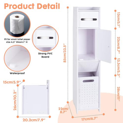 ShellKingdom Toilet Paper Holder Stand with Trash Can, Slim Bathroom Storage Cabinet Shelves, Storage Cabinet for Bathroom Small Spaces, 33.5 x 8.7 x 6.7 inch