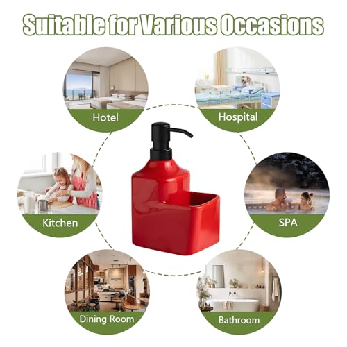 Gets Soap Dispenser Red Ceramic Pump Bottle with Storage Holder | Countertop Liquid Hand Wash Bottle with Organizer Tray for Bathroom, Kitchen, Refillable Modern Dispenser for Vanity Sink - size: Red With Sponge Holder