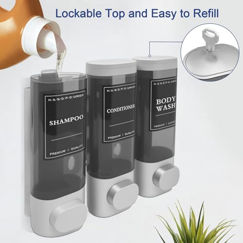 3-Chamber Wall Mount Shower Dispenser - No-Drill Adhesive or Drill Mount - Refillable Shampoo, Conditioner & Body Wash Dispenser for Home, RV & Hotel - Eco-Friendly & Compact (Silver) - color: Silver