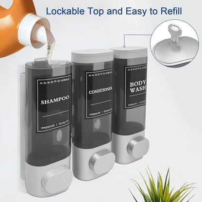 3-Chamber Wall Mount Shower Dispenser - No-Drill Adhesive or Drill Mount - Refillable Shampoo, Conditioner & Body Wash Dispenser for Home, RV & Hotel - Eco-Friendly & Compact (Silver) - color: Silver