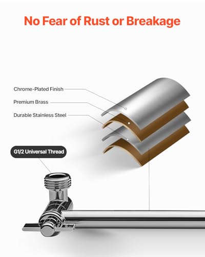 VEVOR Shower Head Extension Arm, 11 Inches, Brass Shower Arm Extender with Flexible Adjustable Angle Height, Chrome Finish, G1/2 Universal Thread Connector Compatible, for Rain & Handheld Showerhead - size: 11''