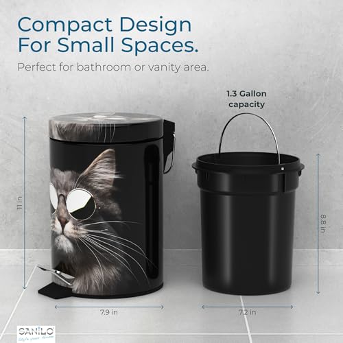 Sanilo Small Bathroom Trash Can with Lid [1.3 Gallon] - Lidded Tiny Trashcan for Garbage - Mini Metal Bin with Soft Closing Mechanism - Bath Room Accessoire Wastebin with Inner Bucket (Cool Cat) - color: Cool Cat
