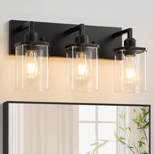 3-Light Bathroom Vanity Light Fixtures, Modern Matte Black Bathroom Lighting Fixtures Over Mirror with Square Clear Glass Shades, Bath Wall Sconce Lights for Dressing Table, Bedroom, Hallway - color: Black-Square Shade, size: 3-Light