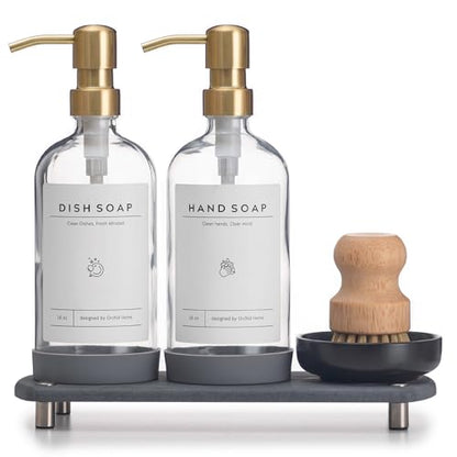 [Luxury] Kitchen Soap Dispenser Set - 16OZ Clear Glass Bottle, Stainless Steel Pump, Instant Dry Tray, Waterproof Labels, Non-Slip Silicone Pad, and Dish Brush | Upgrade for Your Kitchen and Bathroom - color: Transparent Bottle + Gold Pump
