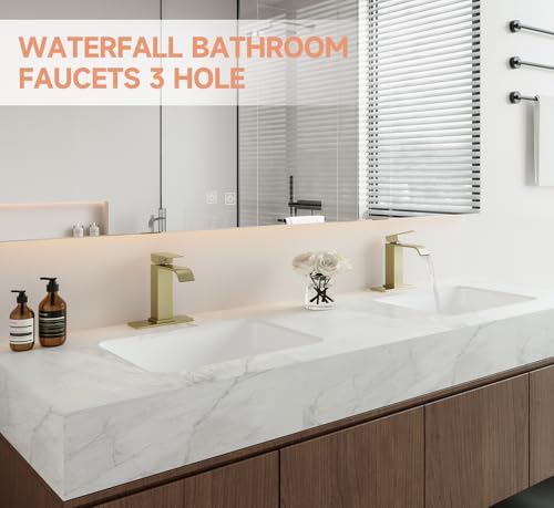 Brushed Gold Bathroom Faucets Evolvegoods Modern Waterfall Bathroom Faucet | Single Handle 1 or 3 Hole Bathroom Sink Faucet RV Mixer Tap Vanity Faucet with Deck Plate Pop-up Drain and Supply Lines - color: Brushed Gold