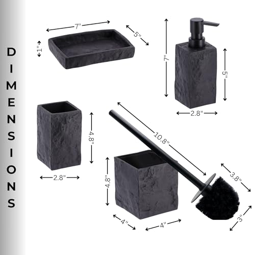 Collection Stone Effect Bath Accessory Set-4 Pieces, Resin, Black | Soap Dispenser, Tumbler, and Toilet Brush Holder, Contemporary, Durable Construction, Bathroom Accessories Set, Easy to Clean - size: Black
