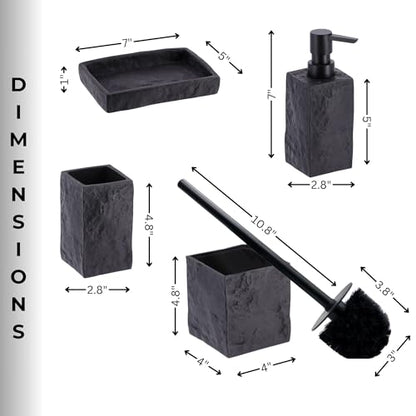 Collection Stone Effect Bath Accessory Set-4 Pieces, Resin, Black | Soap Dispenser, Tumbler, and Toilet Brush Holder, Contemporary, Durable Construction, Bathroom Accessories Set, Easy to Clean - size: Black