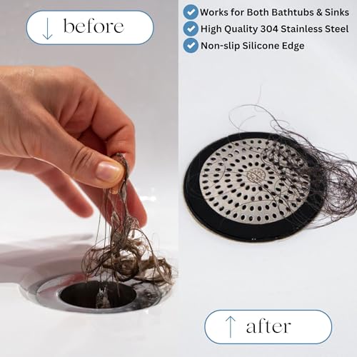 Drain Hair Catcher & Stopper Combo – Tub ShowerRing + StopRing Set for Bathtub & Sink | Stainless Steel Strainer + Silicone Drain Plug | Clog-Free, Universal Fit (Black, 2 Pack) - color: Black
